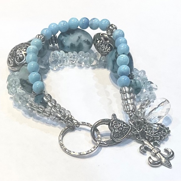 Gorgeous 3 Strand Chunky Turquoise and Silver Plated Round Puffed Bead. 7.5” - Picture 1 of 6
